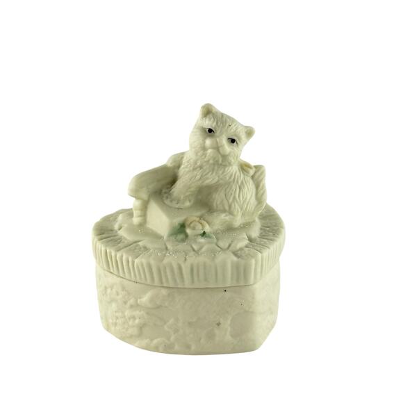 Vintage Cat Trinket Box Bisque Porcelain 80s Jewelry Holder - Picture 7 of 14